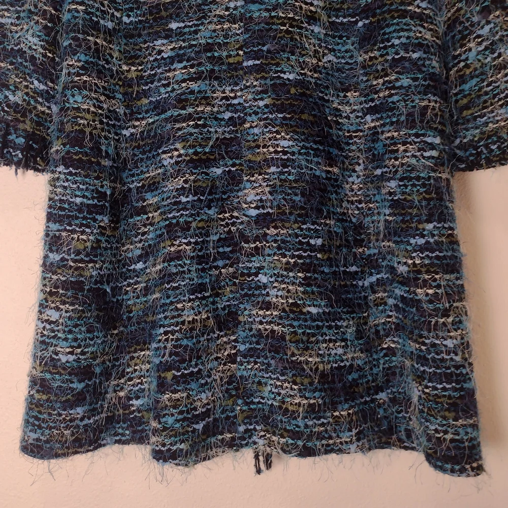 Laura Ashley Y2K Boucle Eyelash Fringe Coat Blue Green Black Stripe Size M